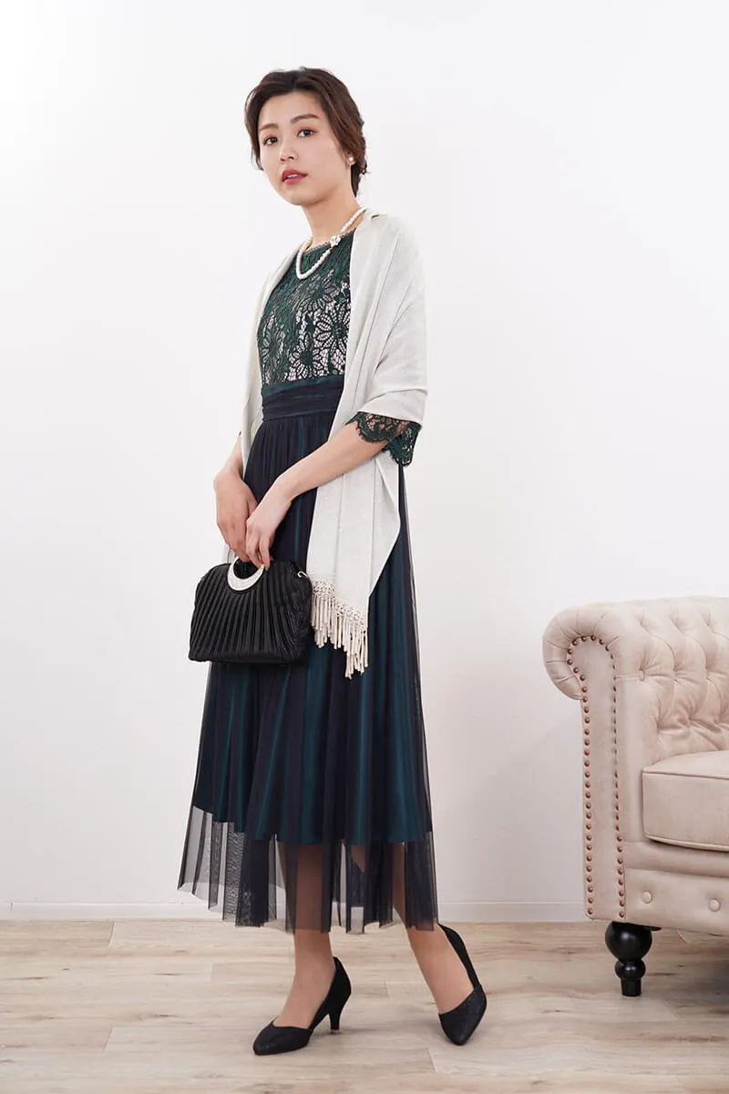 ダークグリーンのサテン×シフォンスカートドレス