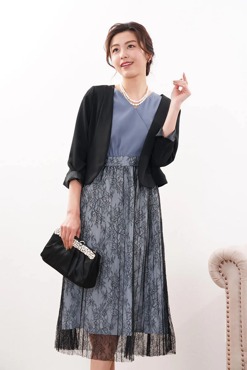 ブルー×ブラックのVネックレース切替ドレス