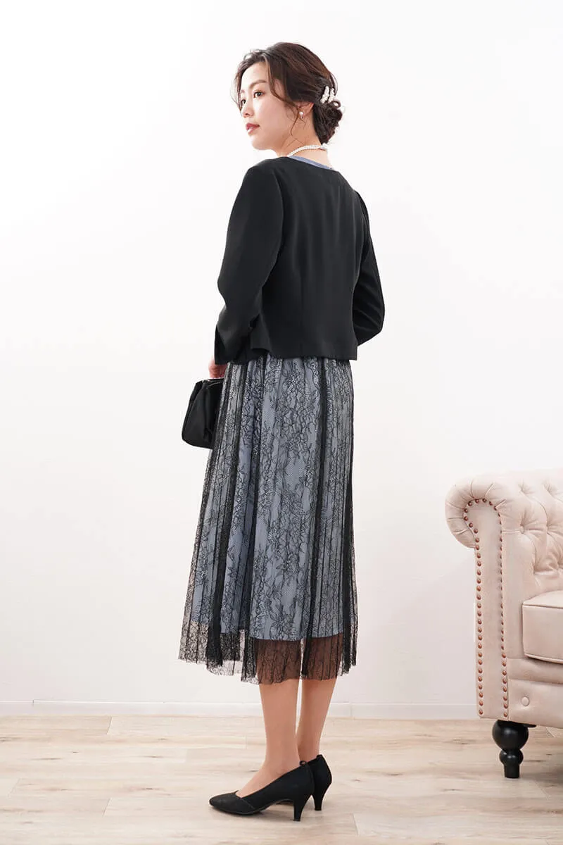 ブルー×ブラックのVネックレース切替ドレス