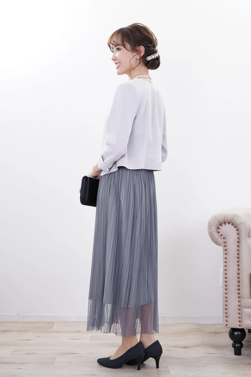 ブルーグレーのストライプチュールレースドレス