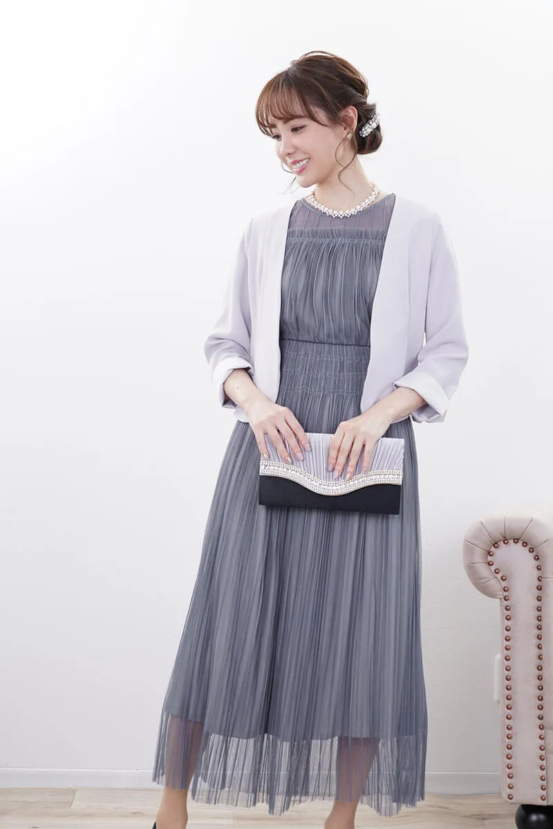 ブルーグレーのストライプチュールレースドレス