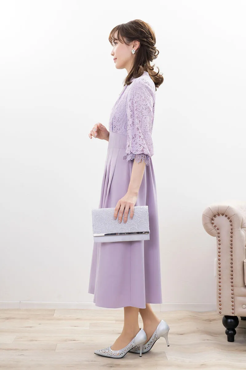 ラベンダーのレース切替ハイウエストフレアドレス