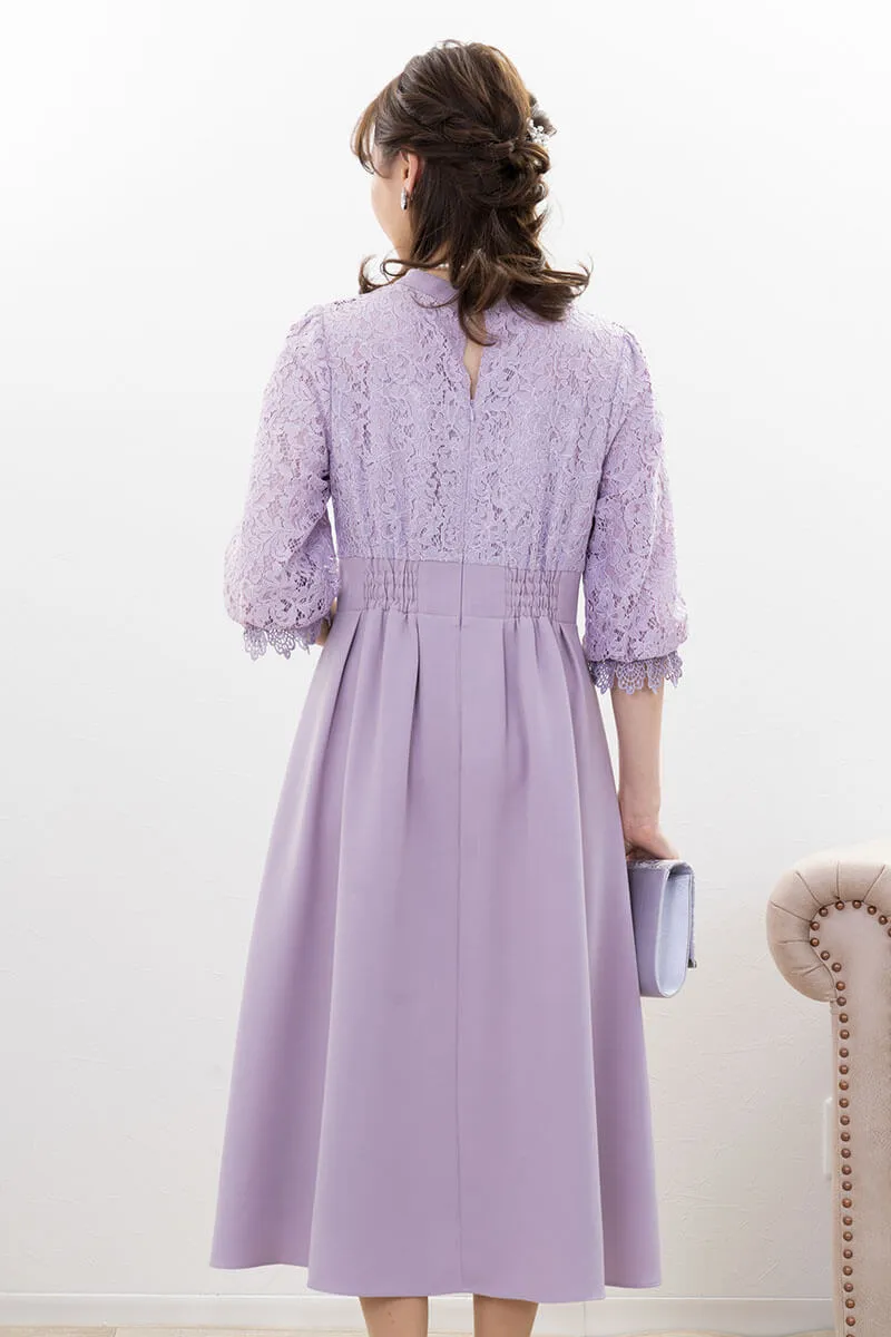 ラベンダーのレース切替ハイウエストフレアドレス