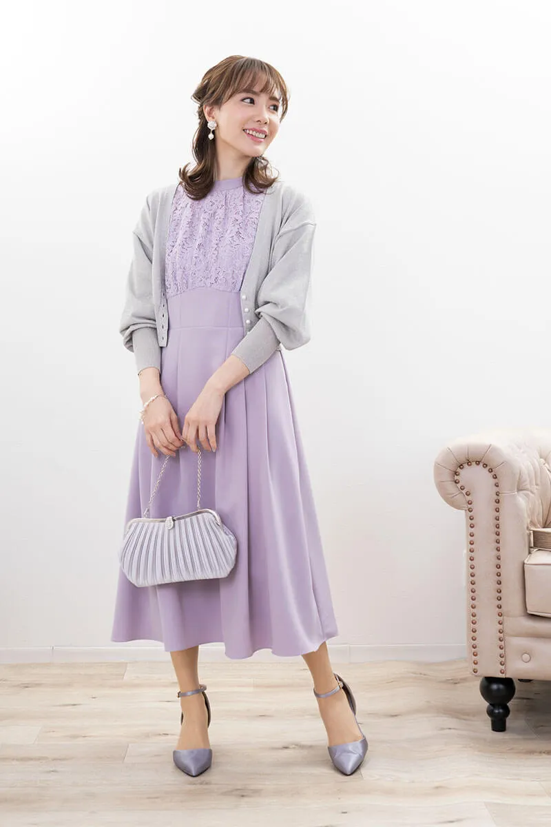 ラベンダーのレース切替ハイウエストフレアドレス