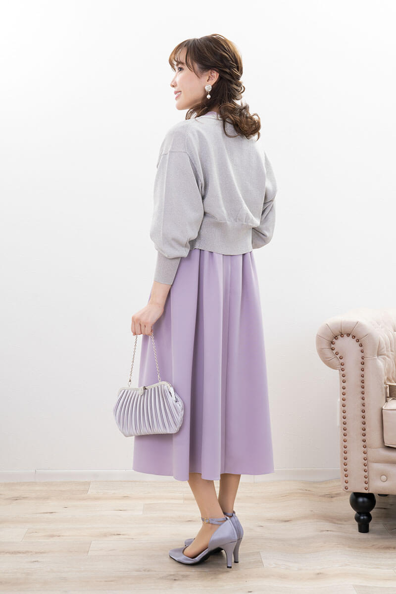 ラベンダーのレース切替ハイウエストフレアドレス