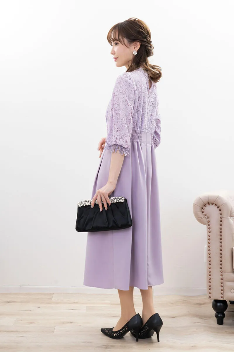 ラベンダーのレース切替ハイウエストフレアドレス