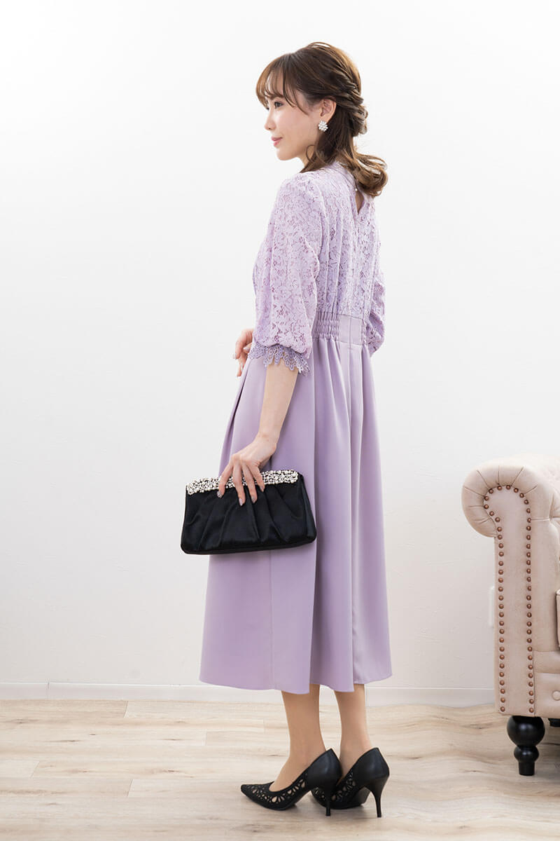 ラベンダーのレース切替ハイウエストフレアドレス