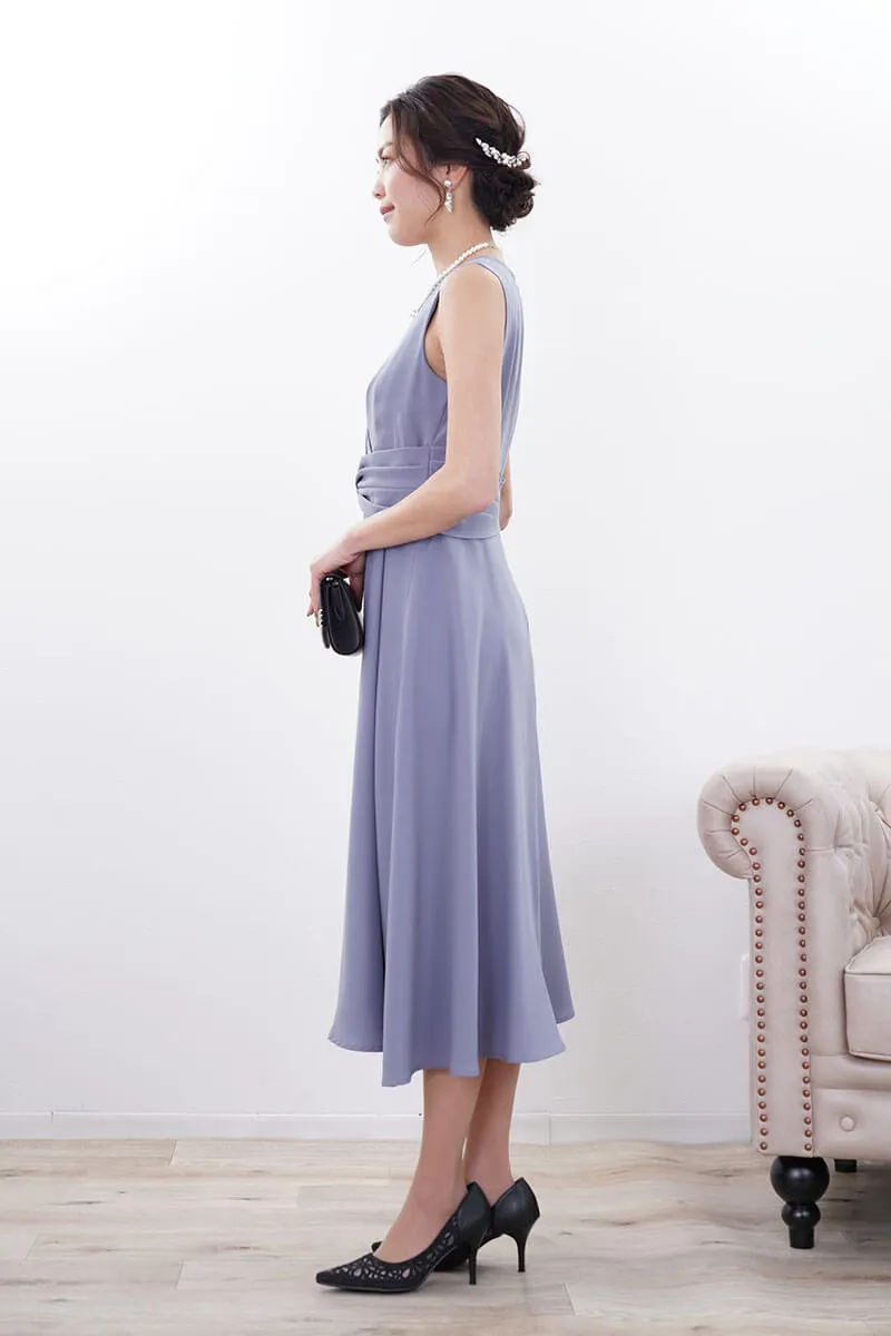 ブルーのウエストモチーフカシュクールドレス