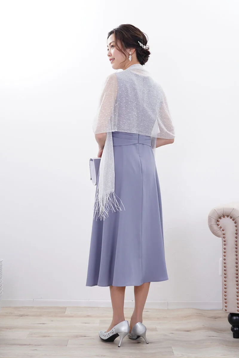 ブルーのウエストモチーフカシュクールドレス