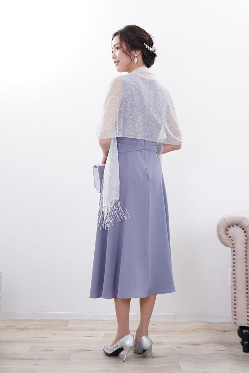 ブルーのウエストモチーフカシュクールドレス