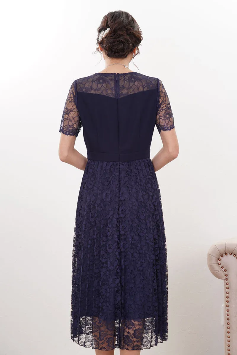 ネイビーの総レースプリーツドレス