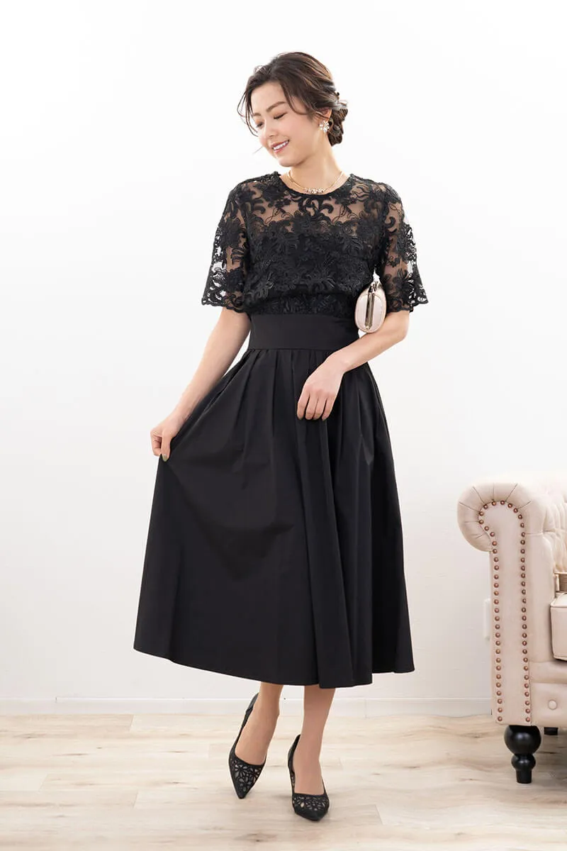 ブラックのクラシカルレースタフタドレス