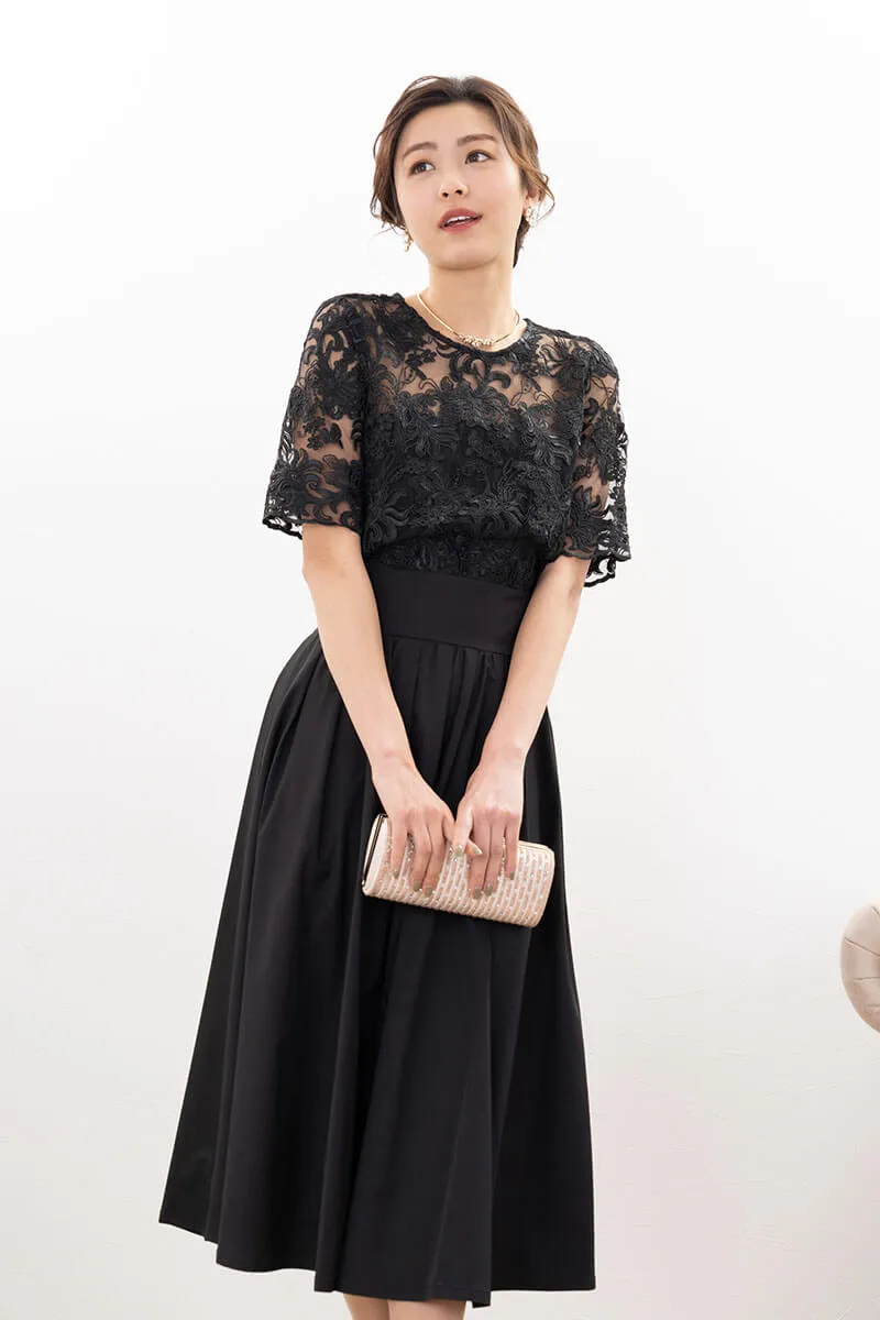 ブラックのクラシカルレースタフタドレス