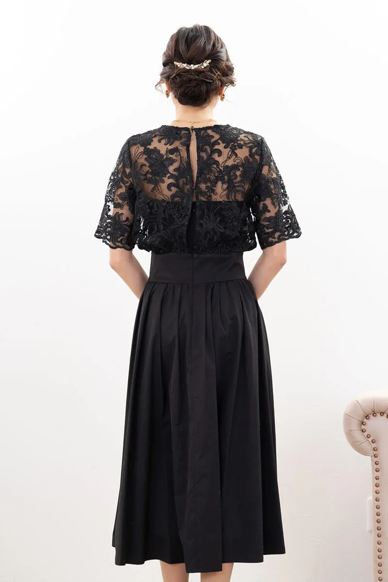 ブラックのクラシカルレースタフタドレス