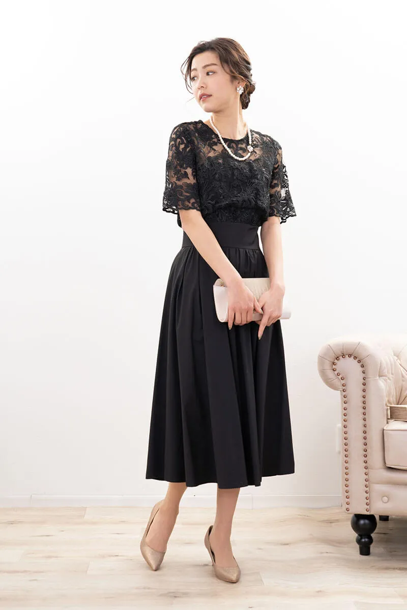 ブラックのクラシカルレースタフタドレス