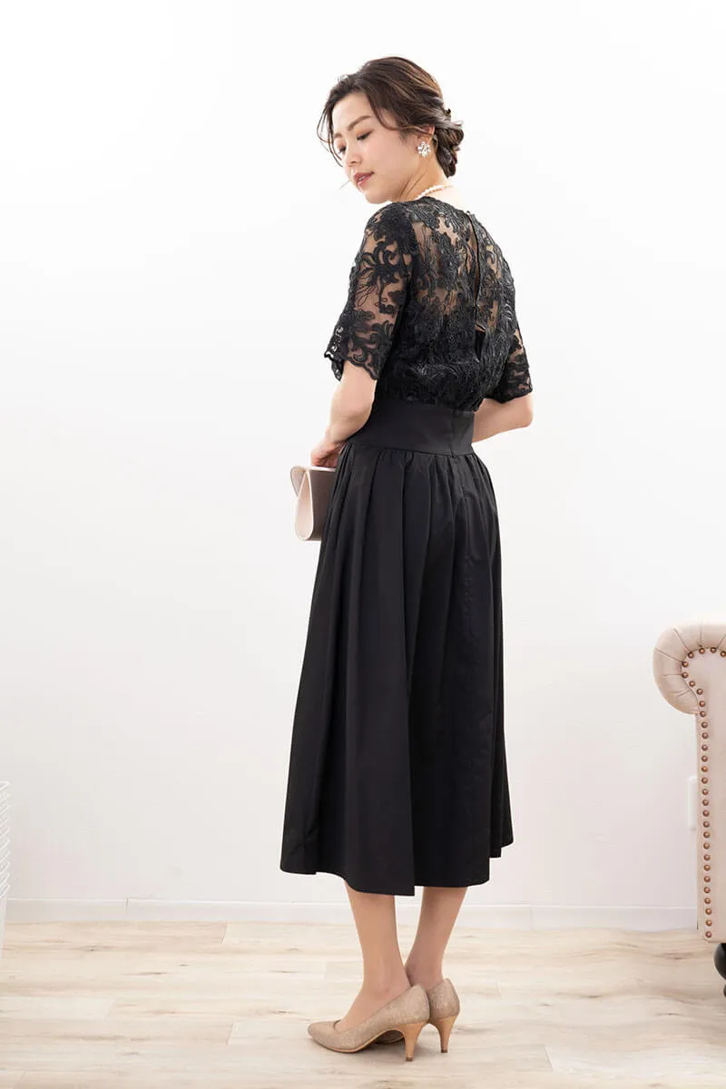 ブラックのクラシカルレースタフタドレス