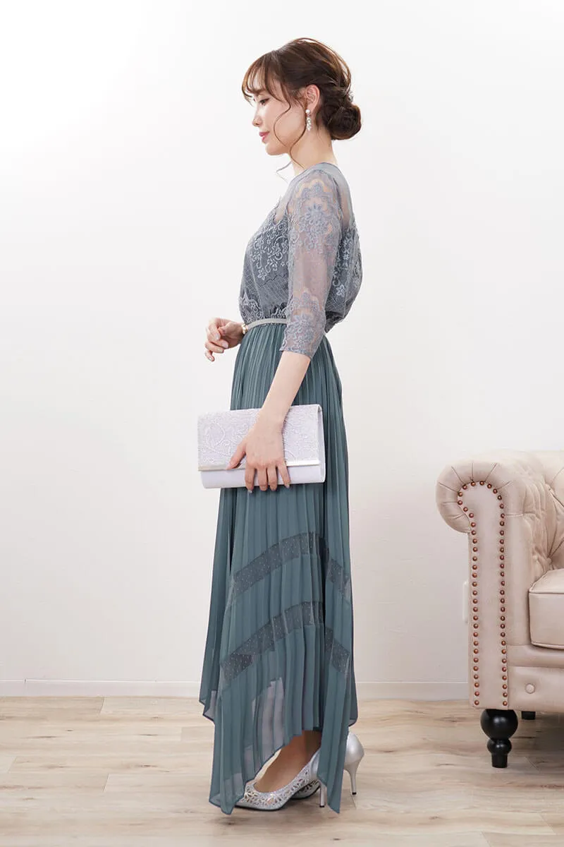 ブルーグリーンのレース袖アシンメトリードレス