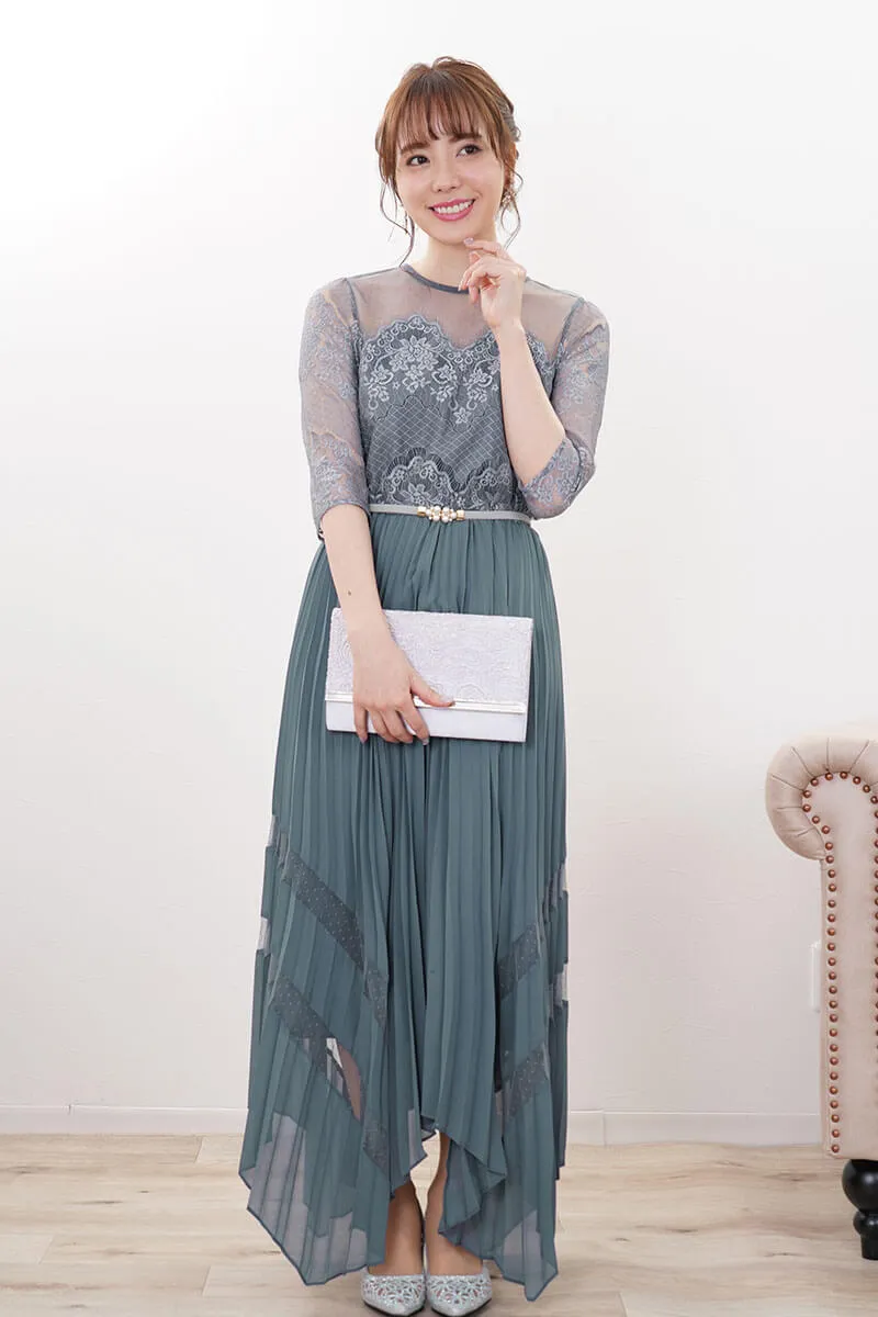 ブルーグリーンのレース袖アシンメトリードレス