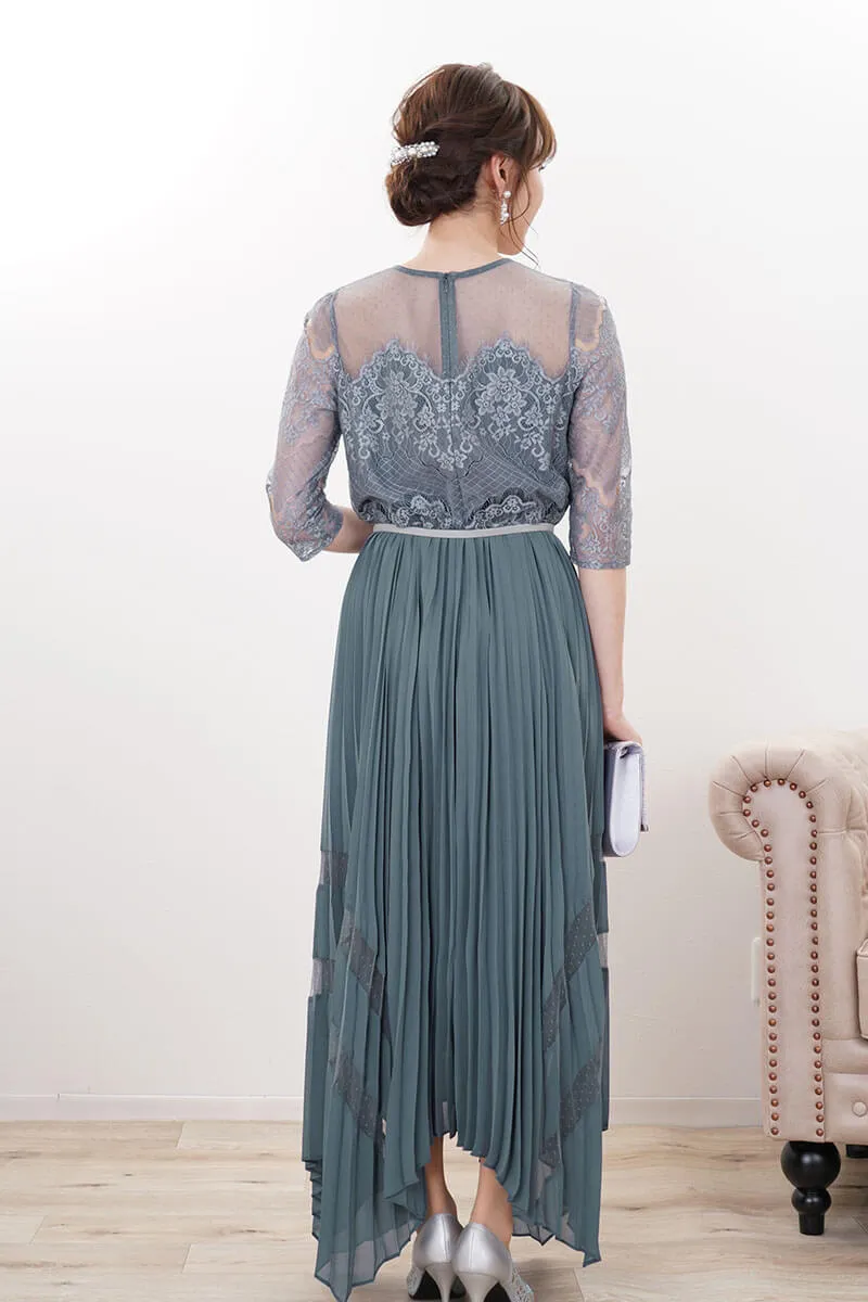 ブルーグリーンのレース袖アシンメトリードレス