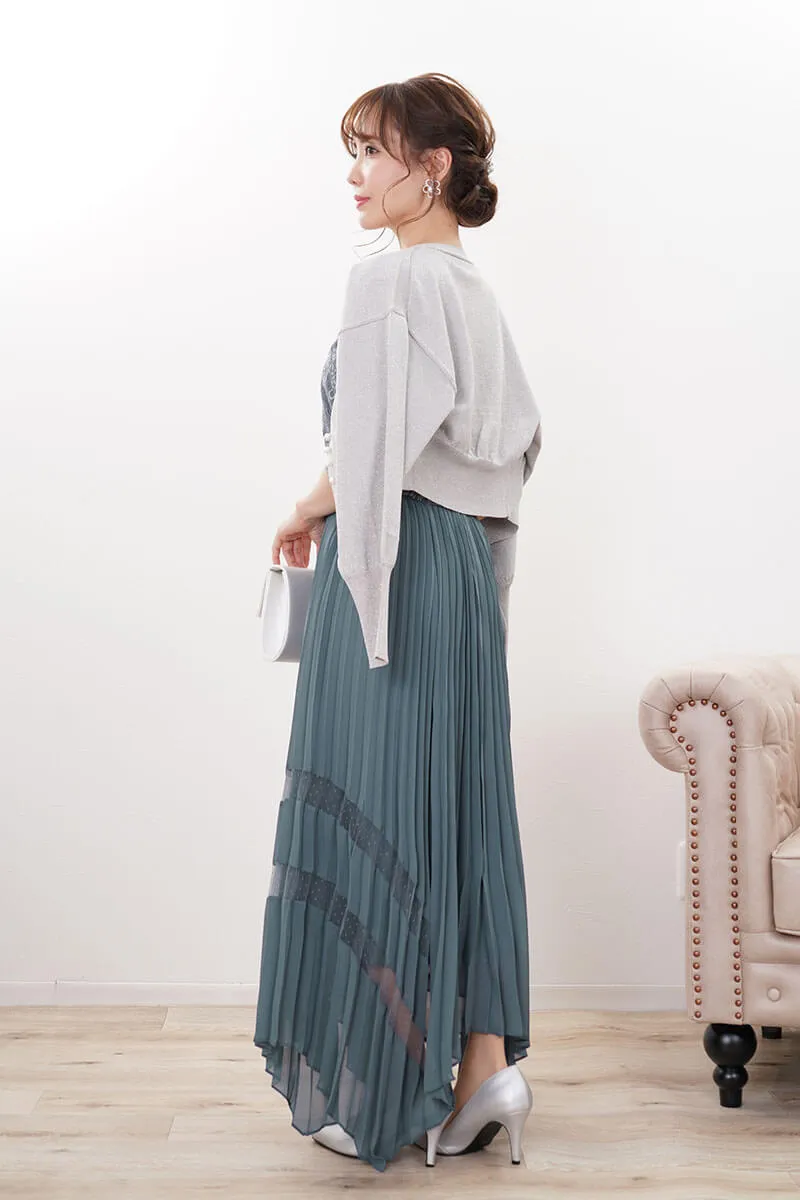 ブルーグリーンのレース袖アシンメトリードレス