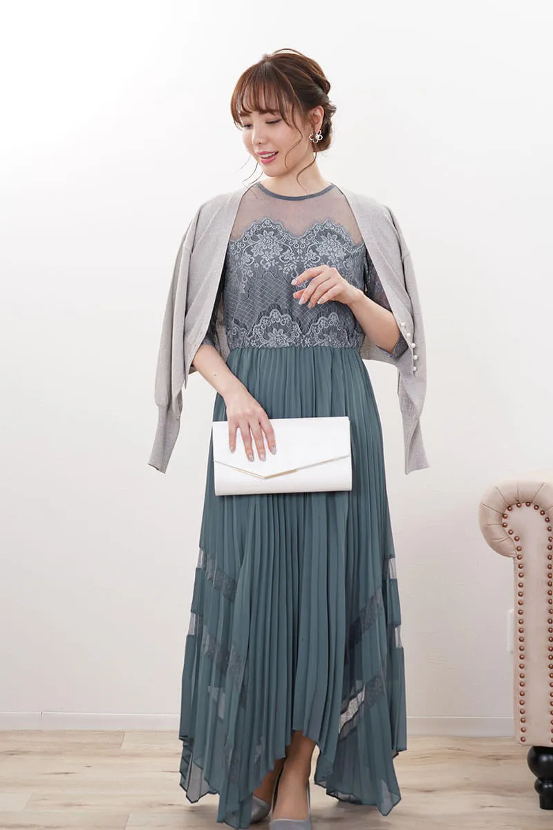 ブルーグリーンのレース袖アシンメトリードレス