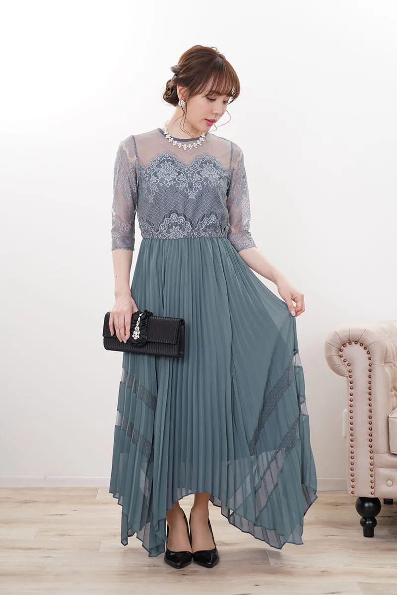 ブルーグリーンのレース袖アシンメトリードレス