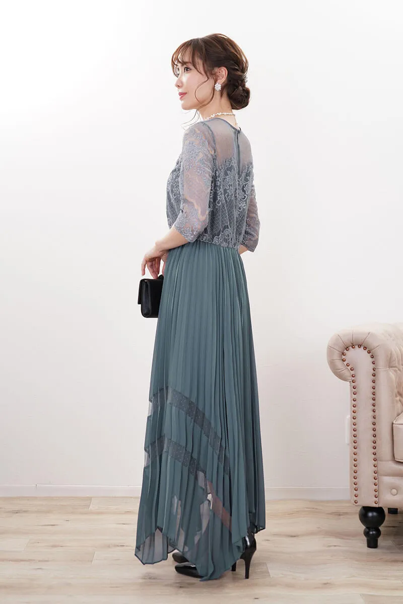 ブルーグリーンのレース袖アシンメトリードレス