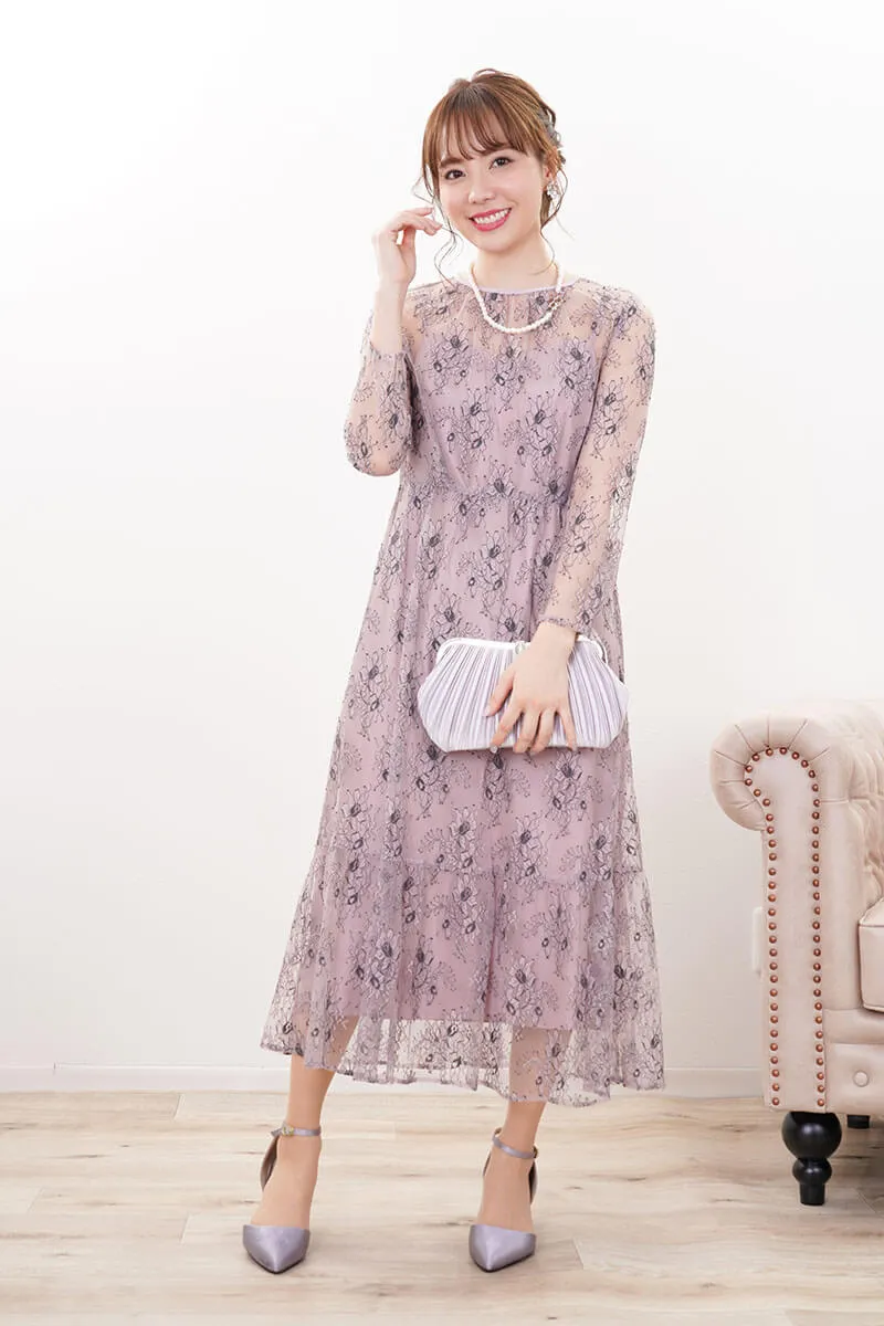 パープルのオールレース配色ドレス