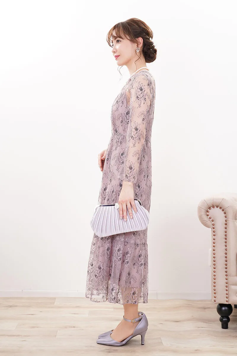 パープルのオールレース配色ドレス