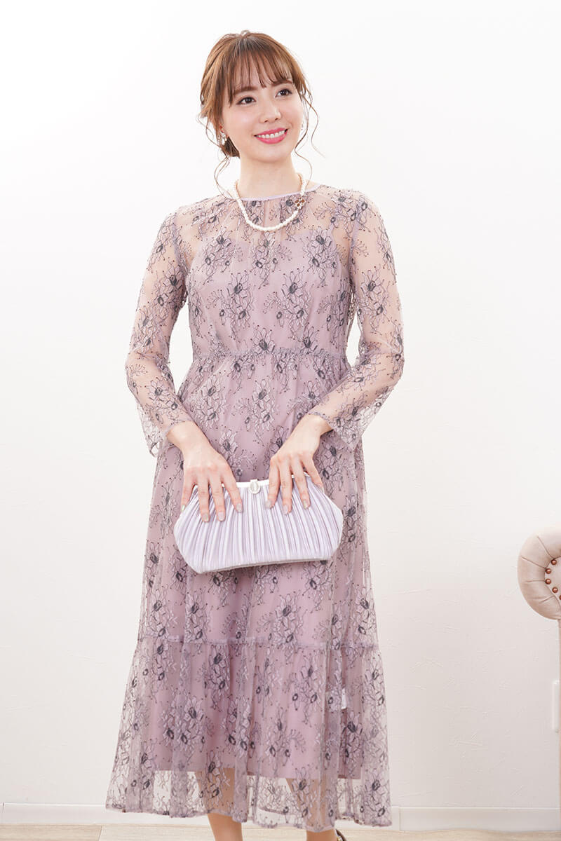 パープルのオールレース配色ドレス