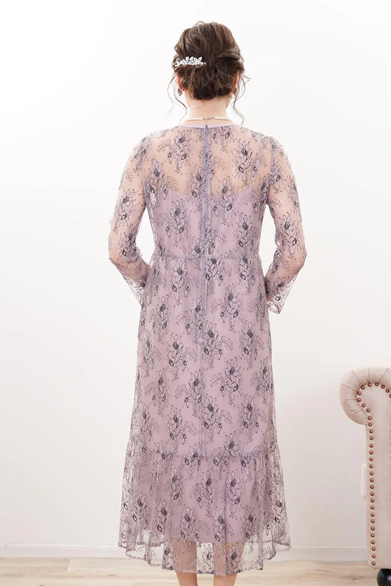 パープルのオールレース配色ドレス