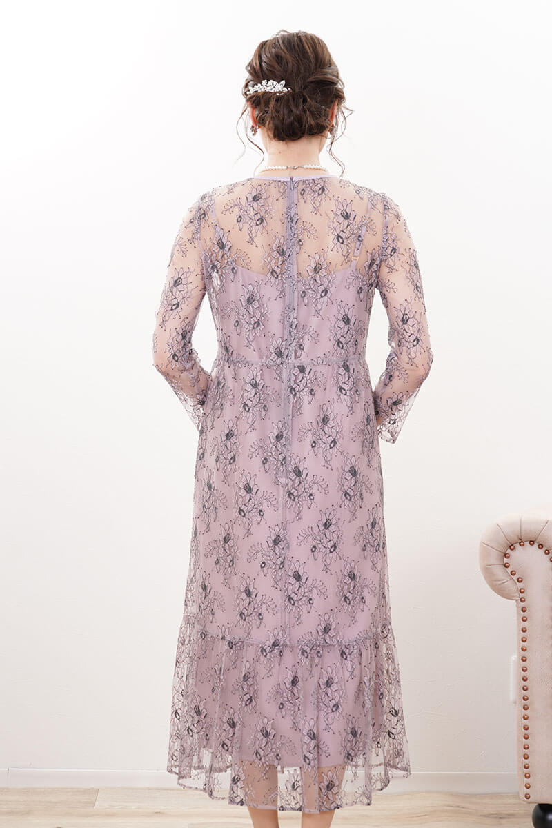 パープルのオールレース配色ドレス
