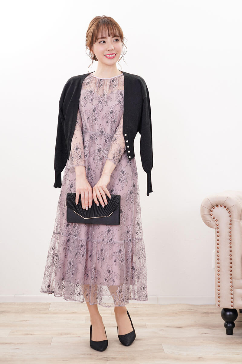 パープルのオールレース配色ドレス