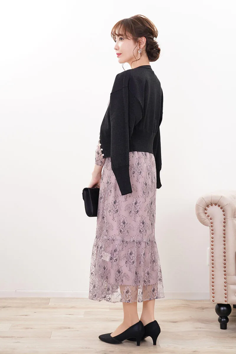 パープルのオールレース配色ドレス