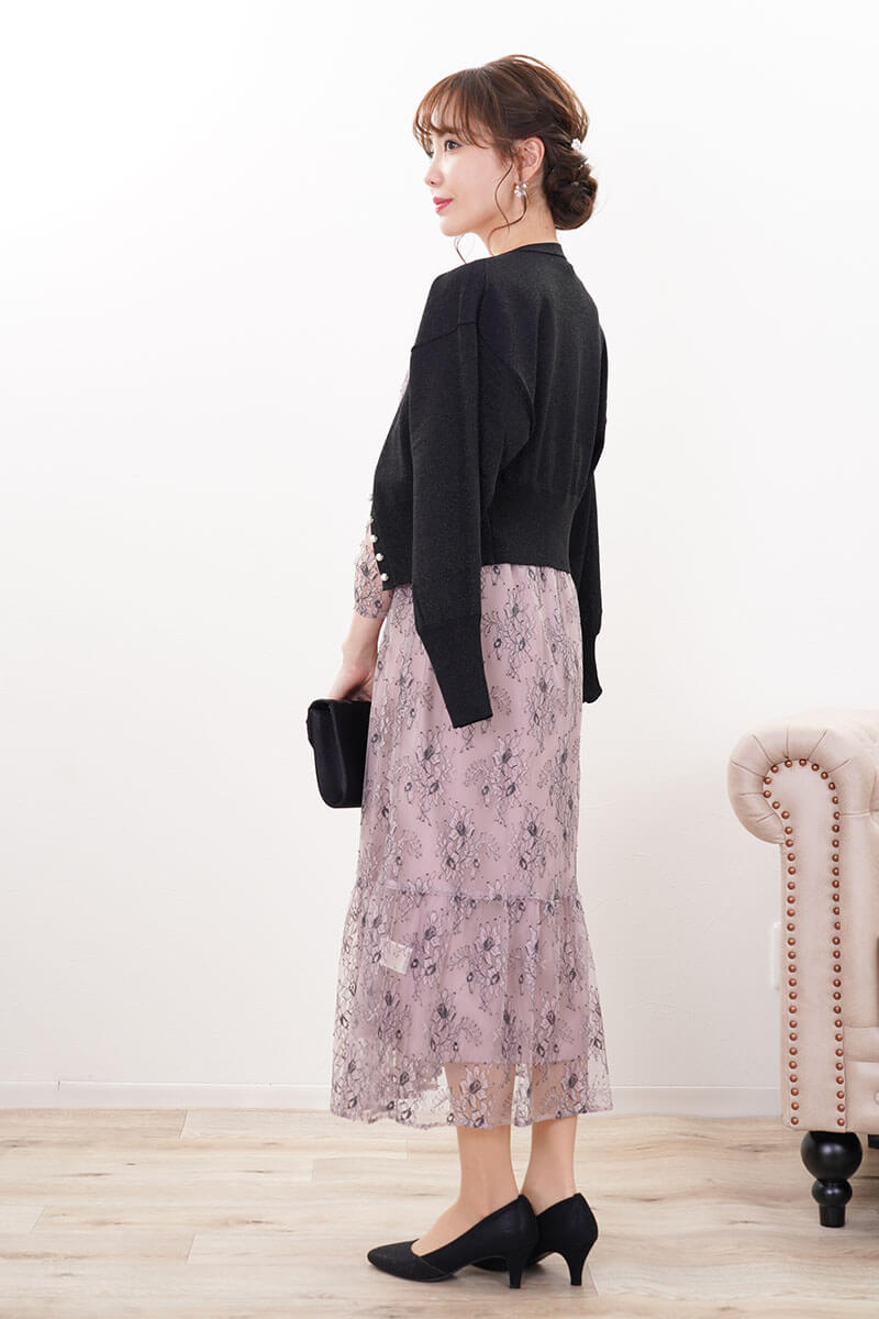 パープルのオールレース配色ドレス