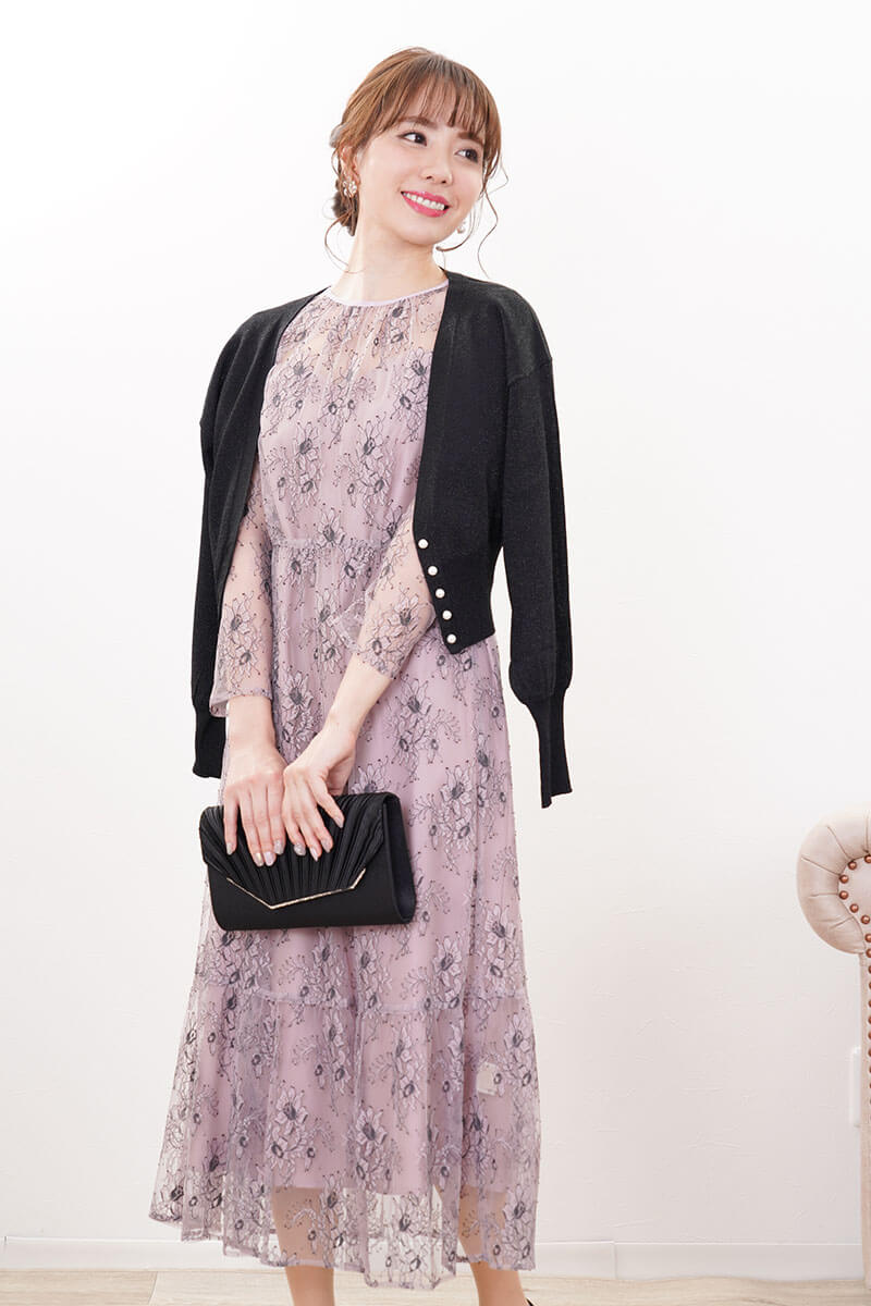 パープルのオールレース配色ドレス