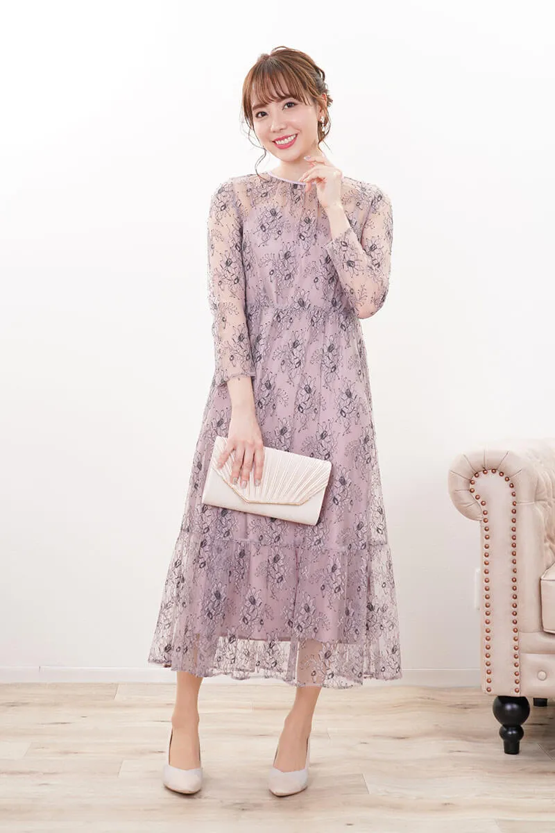 パープルのオールレース配色ドレス