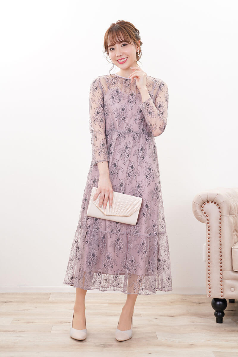 パープルのオールレース配色ドレス