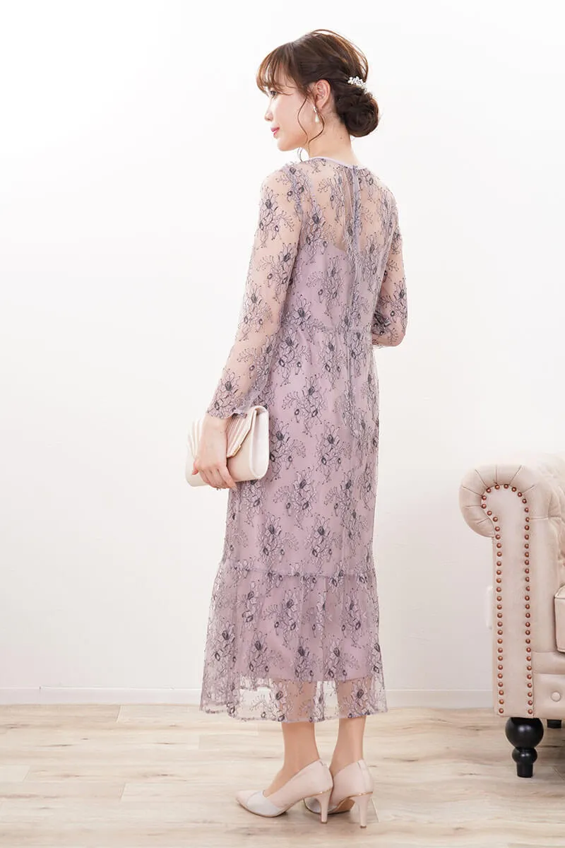 パープルのオールレース配色ドレス