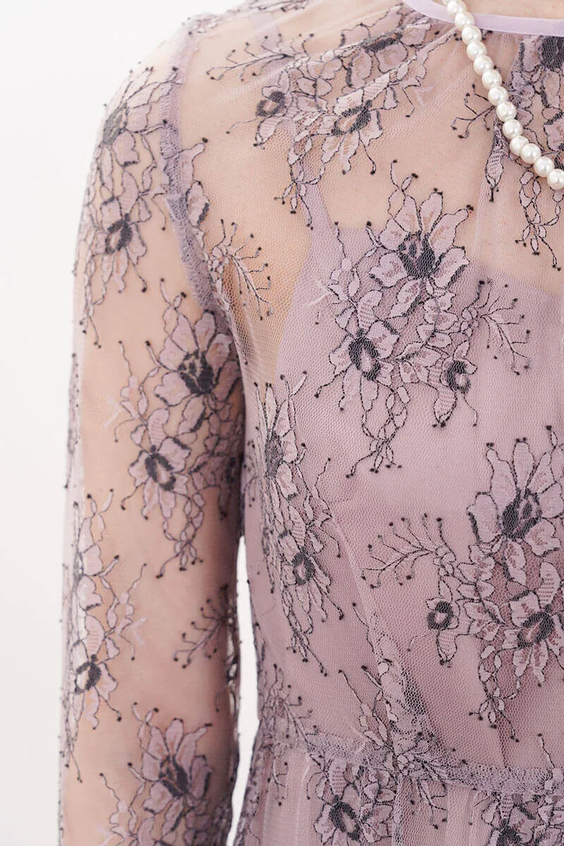 パープルのオールレース配色ドレス