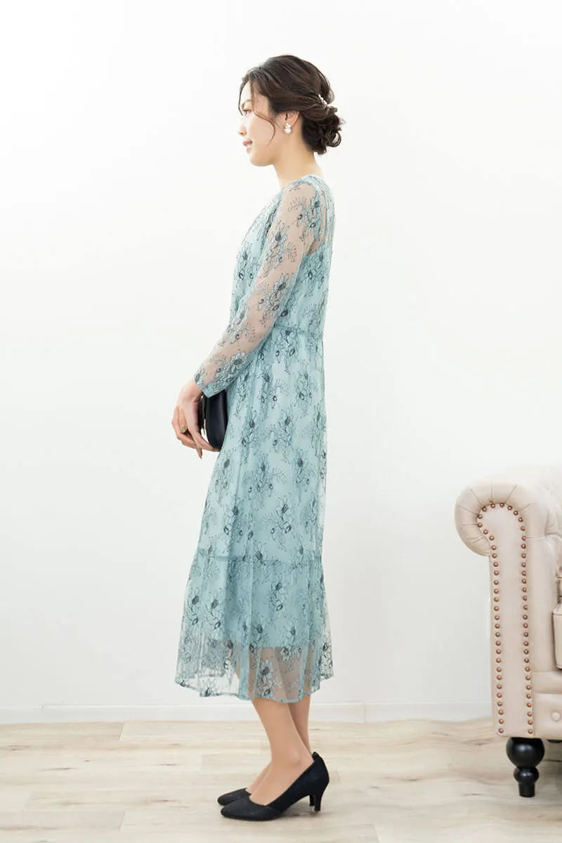 ミントのオールレース配色ドレス
