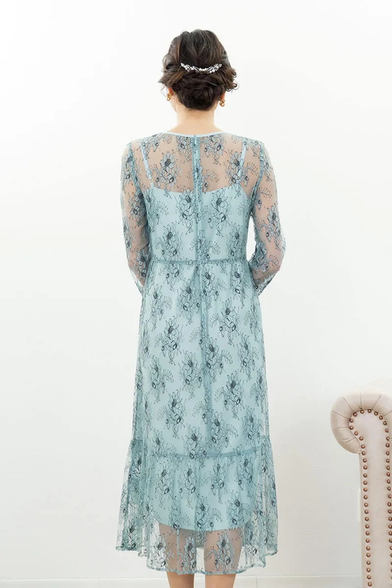 ミントのオールレース配色ドレス