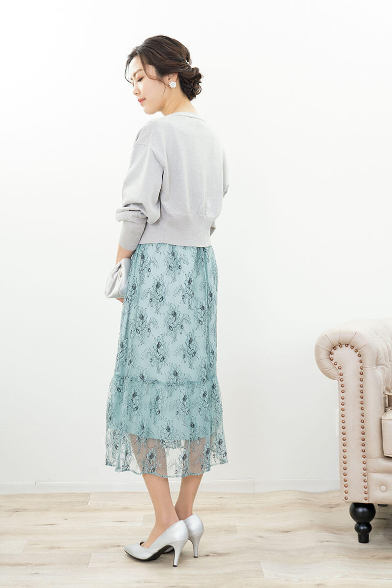 ミントのオールレース配色ドレス