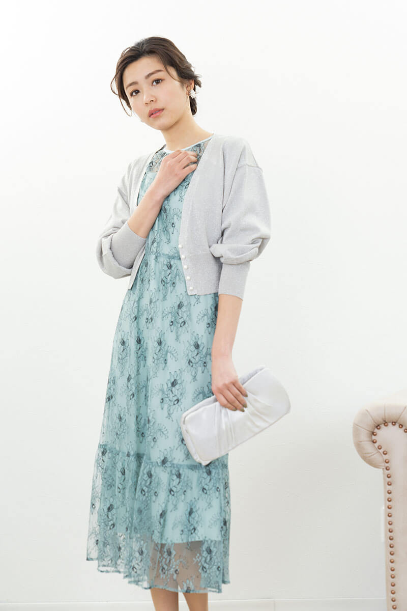 ミントのオールレース配色ドレス