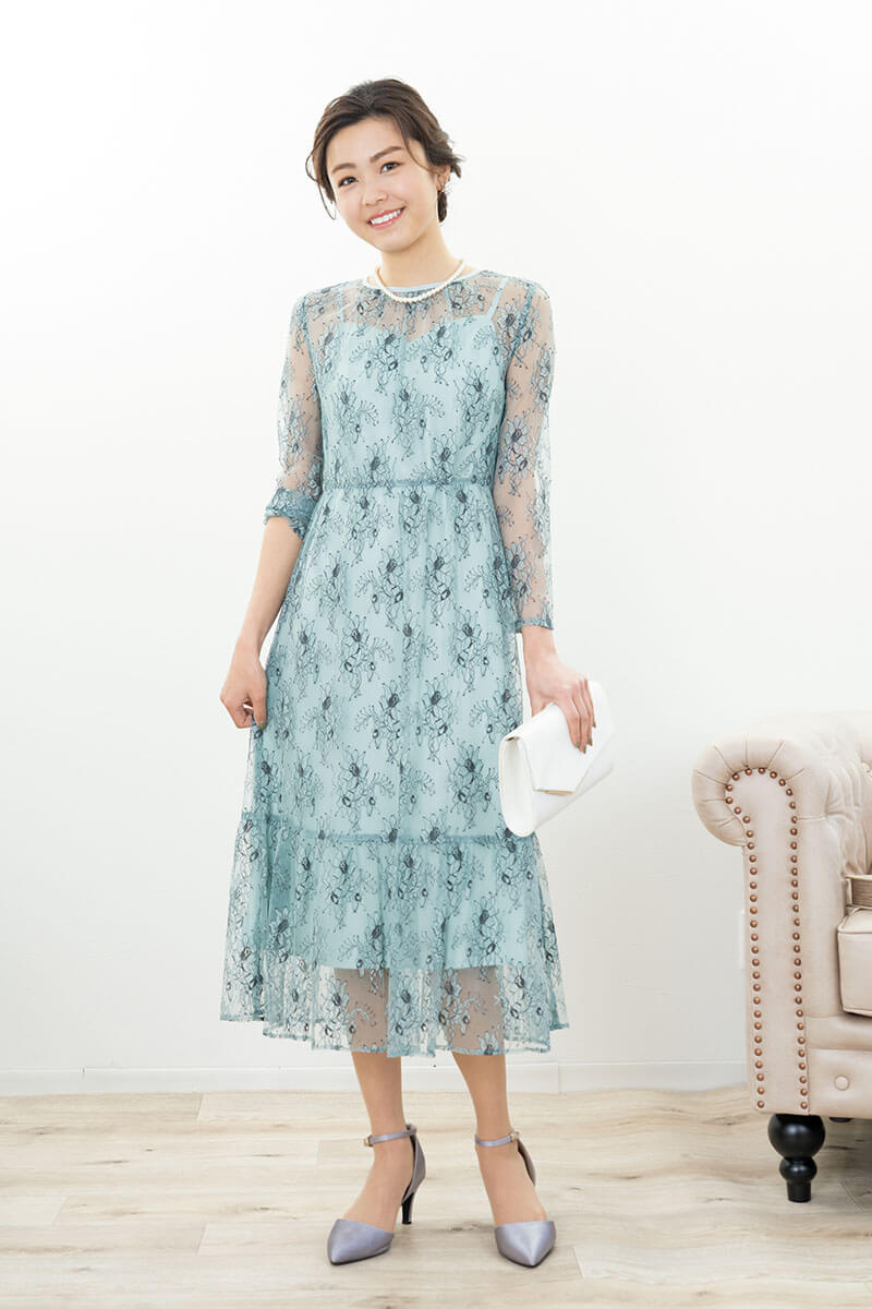 ミントのオールレース配色ドレス