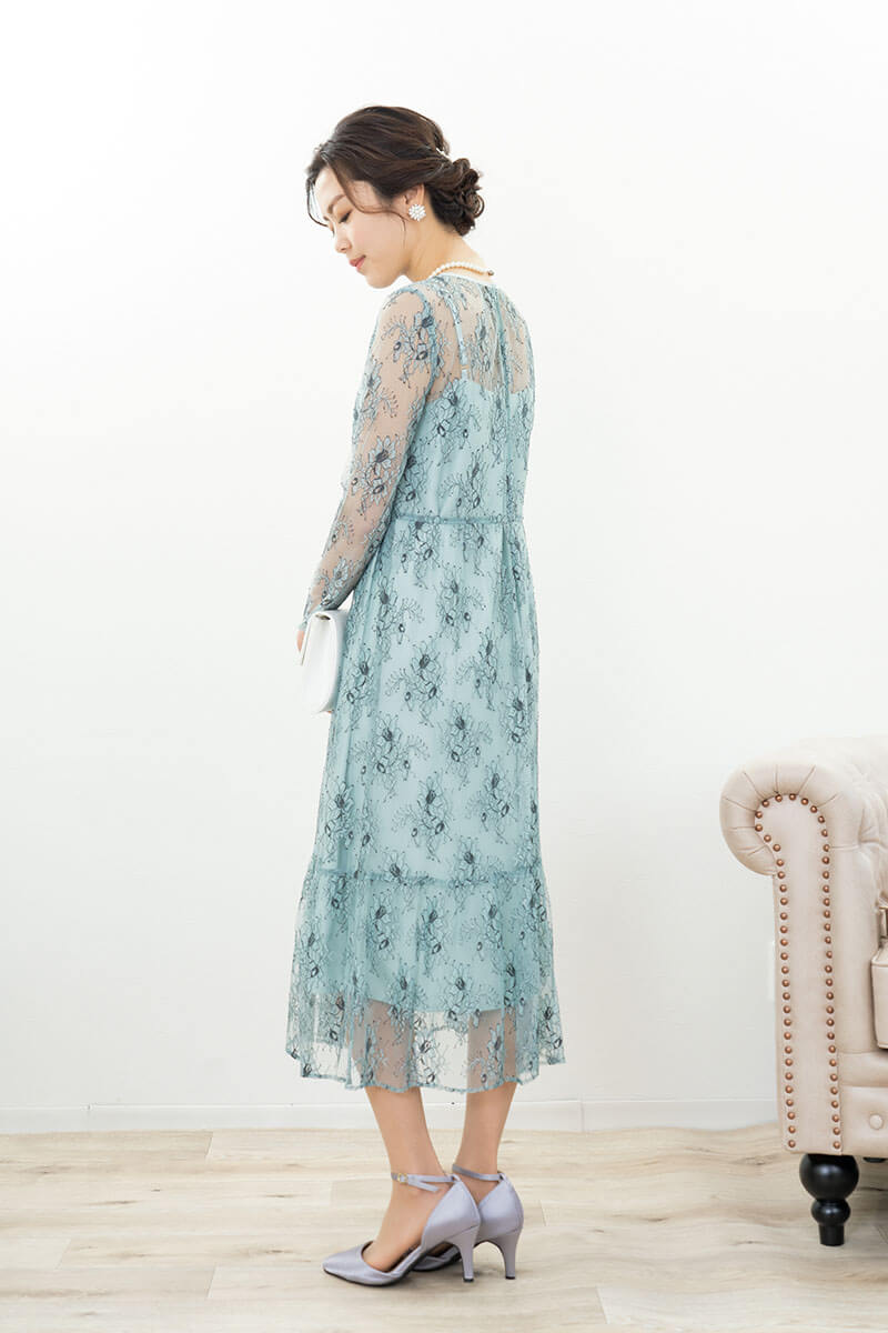 ミントのオールレース配色ドレス