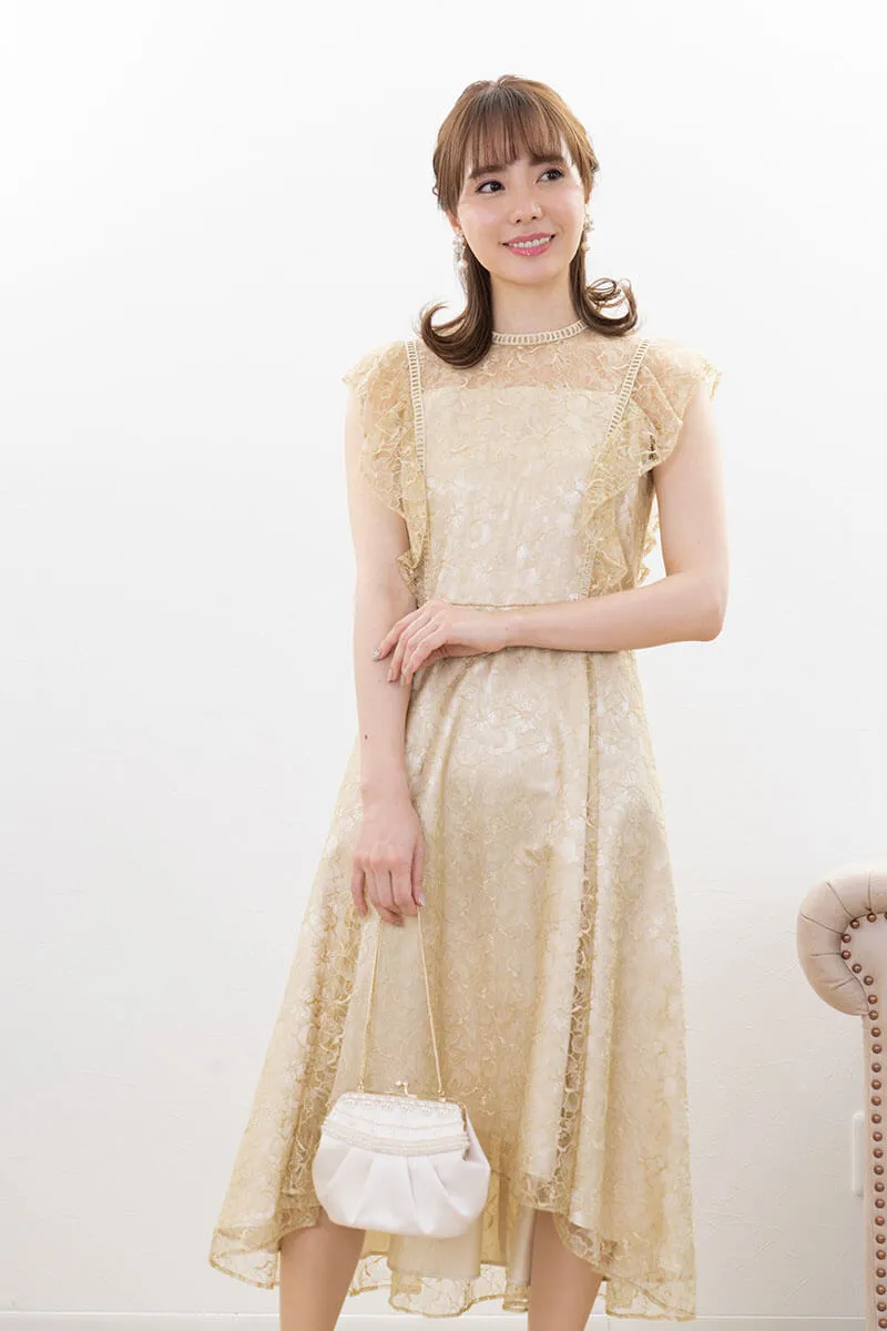 イエローのフリルスリーブレースドレス