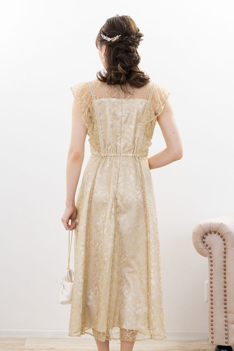 イエローのフリルスリーブレースドレス