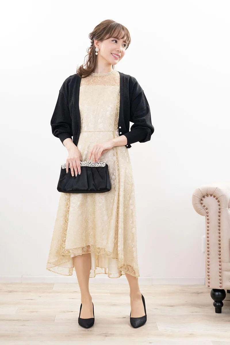 イエローのフリルスリーブレースドレス