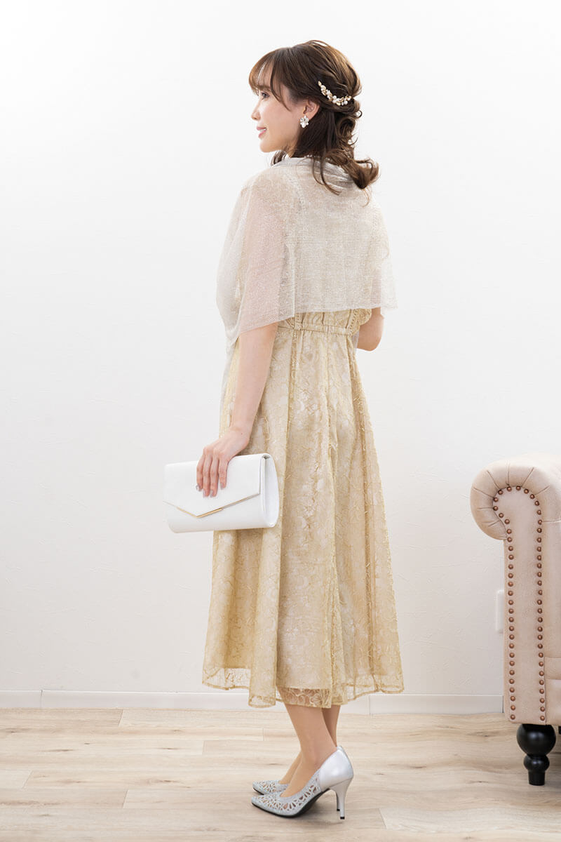 イエローのフリルスリーブレースドレス